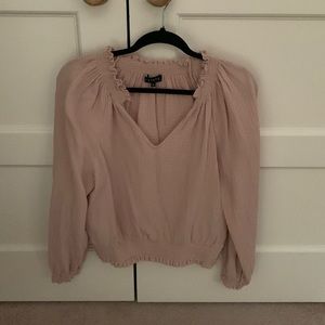 Lovely light pinky peach blouse with smocked neckline, cuffs and hem